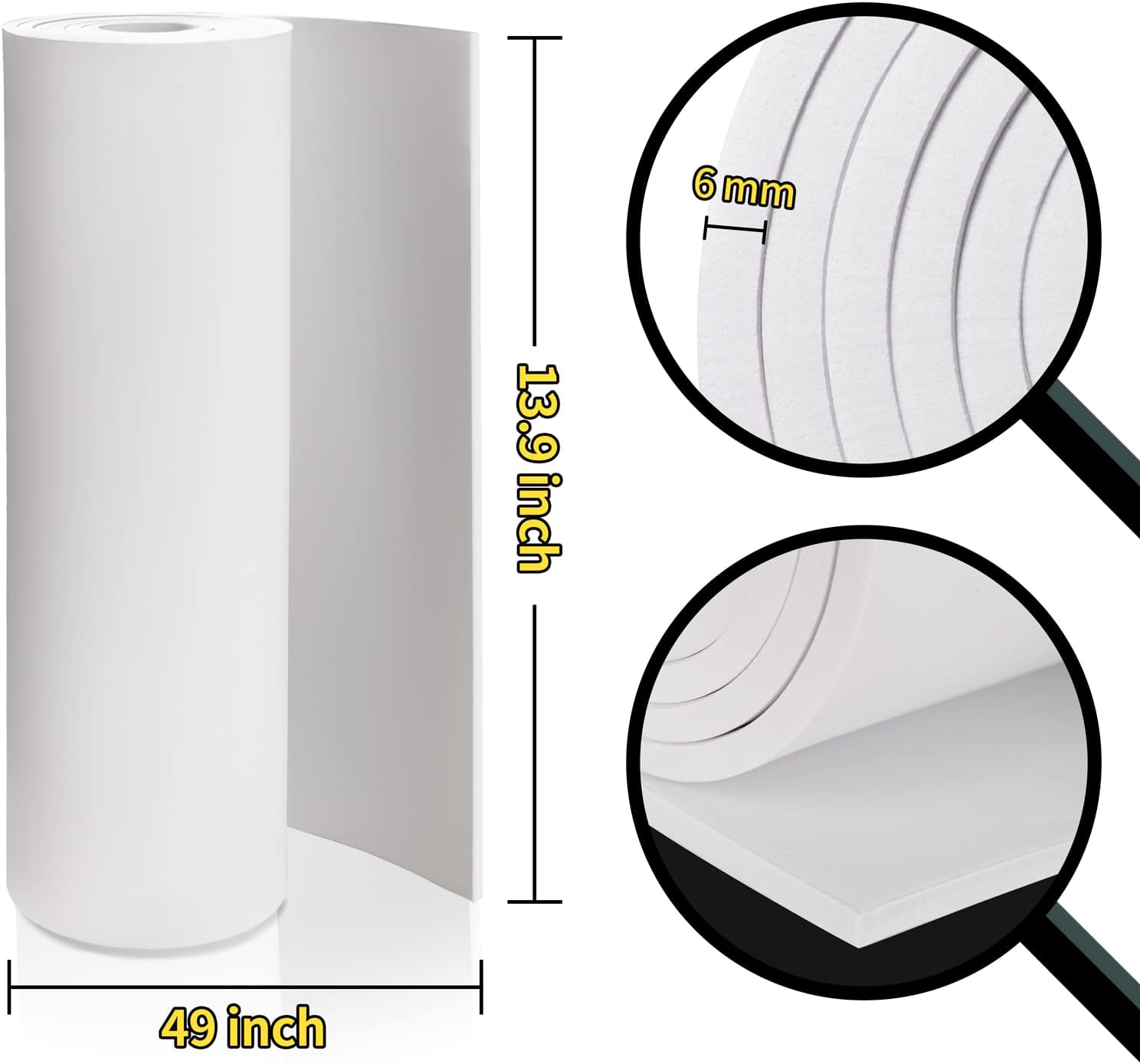 White Eva Foam Cosplay Sheets Roll Premium Eva Foam 6mm Thick 49"x13.9" High Density 86kg/m3 For Cosplay Costume Crafts DIY Projects By PAIDU