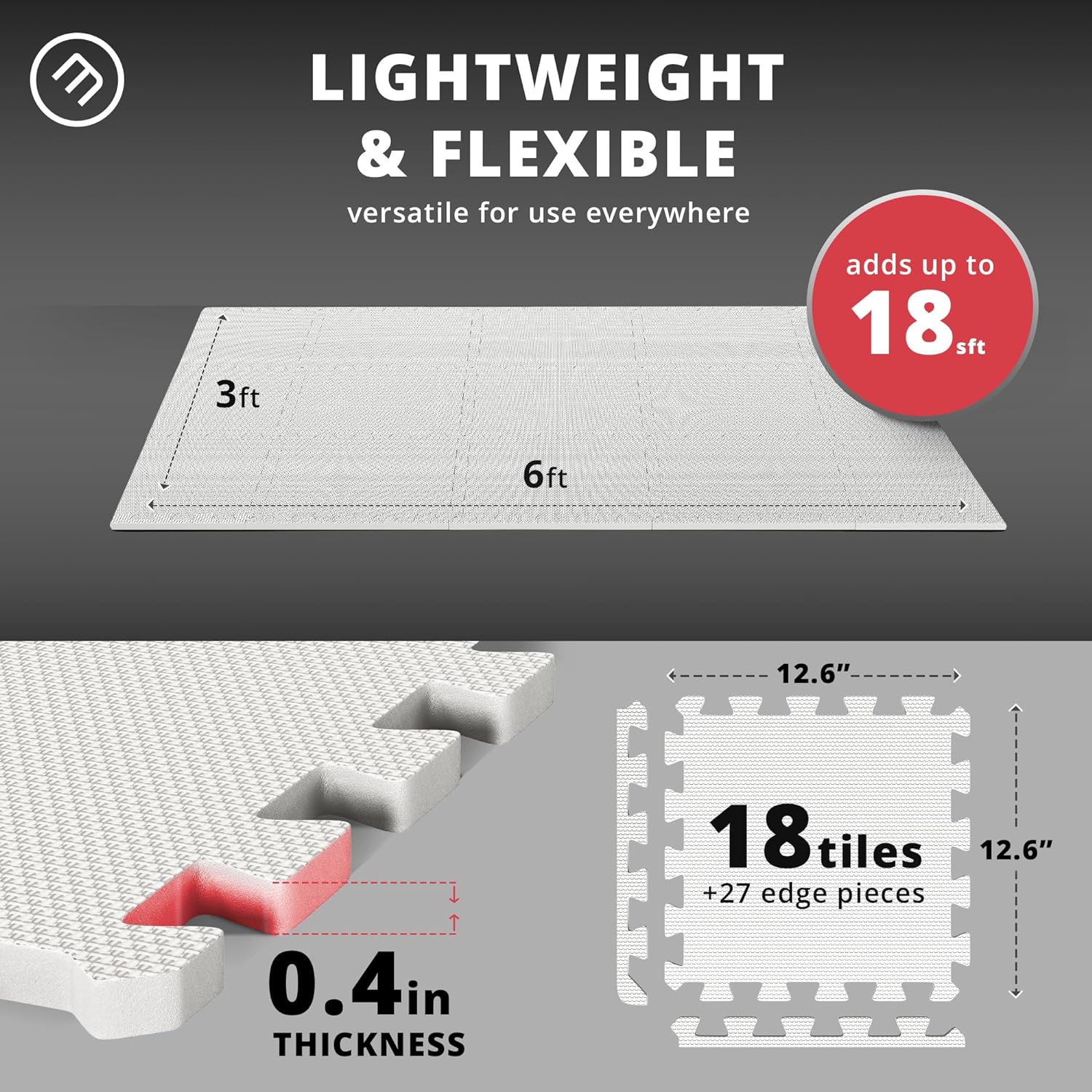 Gym Flooring Set - Interlocking EVA Soft Foam Floor Mat, 18 Pieces Puzzle Rubber Tiles Protective Ground Surface Protection, Play Workout Exercise Mats Underlay Matting Sports Pool Home Fitness Garage By PAIDU